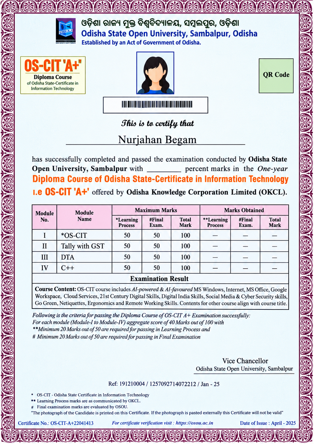 OS-CIT A+ Certificate Sample