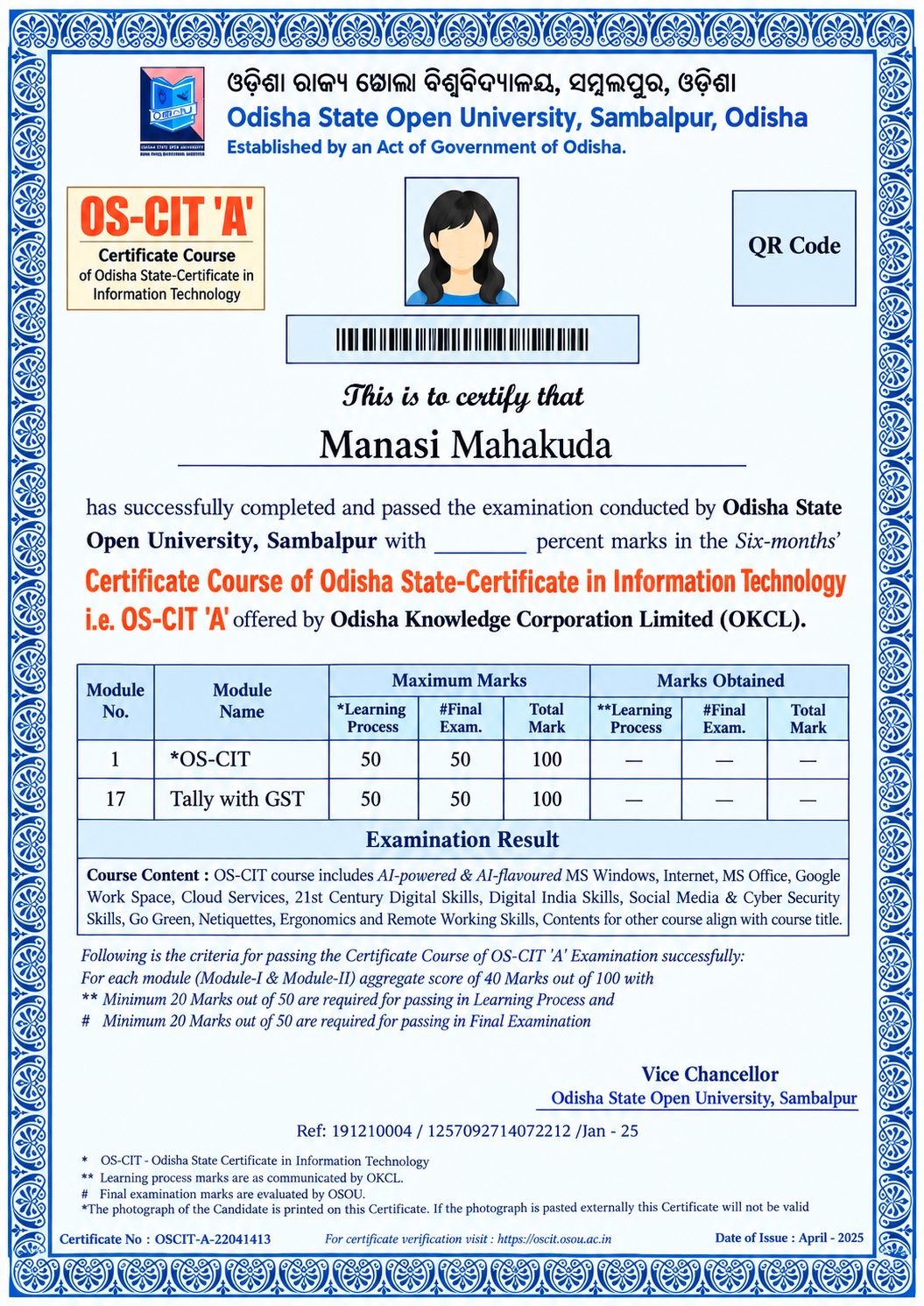 OS-CIT A Certificate Sample